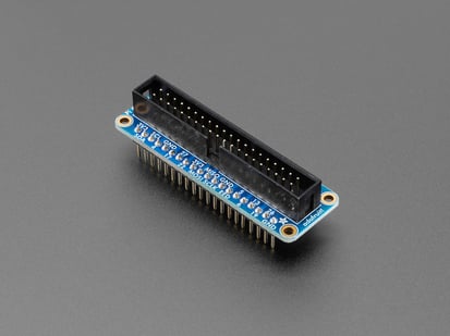 Angled shot of blue, rectangular, GPIO breakout board.