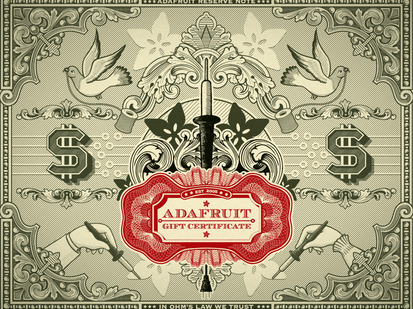 Stylized graphic with US dollar signs and "Adafruit Gift Certificate" in filigree font.