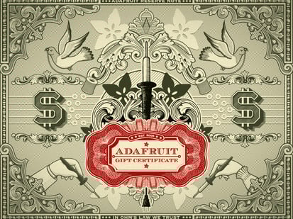 Stylized graphic with US dollar signs and "Adafruit Gift Certificate" in filigree font.