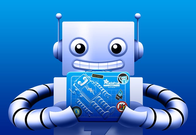 White text against blue background that says "Accessories Gift Guide" in capital letters. To the right of the text, Adabot is holding a lunchbox with a picture of himself on it. There are also some adafruit stickers on the lunchbox, including a sticker of blue led, a sticker of Adabot, and a tv-b-gone sticker.