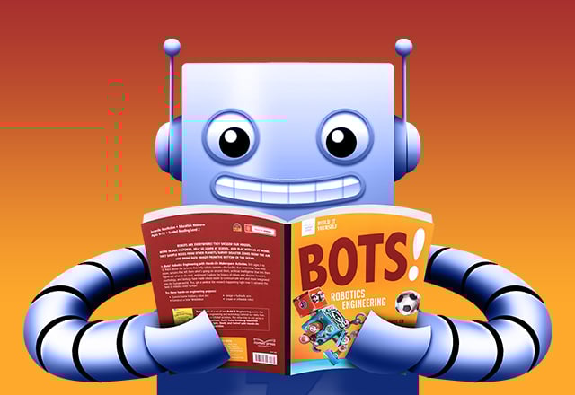 An animated image of a purple AdaBot the Robot reading a yellow book that is titled Bots! Robotics Engineering. To the right of AdaBot, it says in big white letters Books Gift Guide.