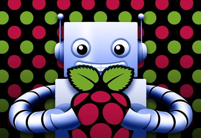 In front of a black background with red and green polka dots stands a smiling Adabot, Adafruit's blue robot friend. Adabot is holding the Raspberry Pi logo. To Adabot's left "Raspberry Pi Gift Guide" in white font