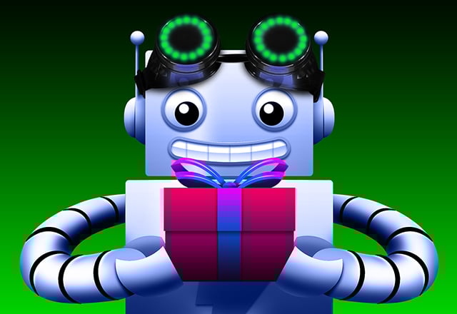 A picture of a light purple AdaBot robot holding a magenta gift box tied with a purple bow. He is wearing green neopixe goggles. He is set against a green background and is on the left side of the image. To his right, it says WEARABLES GIFT GUIDE in neon blue text.