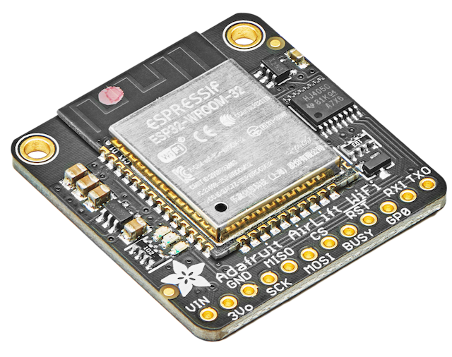 Angled shot of WiFi breakout board with an ESP32 module.