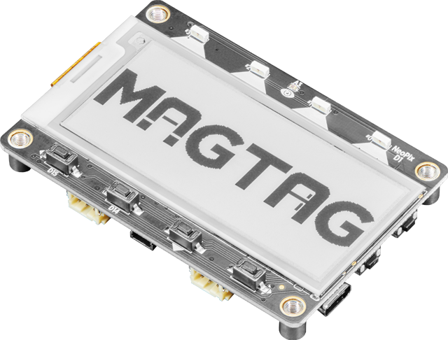 Top view of the Adafruit MagTag development board with an e-ink display